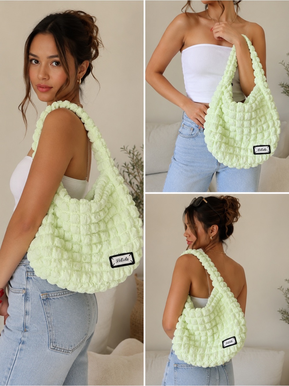 Listicle Bubble Textured Shoulder Tote Bag – Pastel Lime Green Puffy Ruched Han